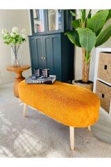 Retro Ahşap Ayaklı Geniş Oturum Alanlı Oval Bench Puf Turuncu Teddy Kumaş