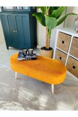 Retro Ahşap Ayaklı Geniş Oturum Alanlı Oval Bench Puf Turuncu Teddy Kumaş