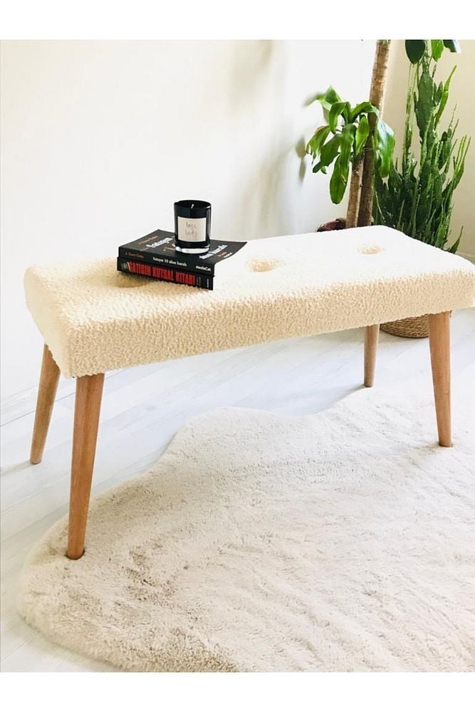 Webpanya Ahşap Ayaklı Handmade 90 Cm Geniş Oturum Alanlı Tedy Kumaş Krem Pofidik Puf Bench Koltuk