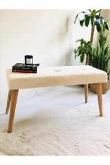 Webpanya Ahşap Ayaklı Handmade 90 Cm Geniş Oturum Alanlı Tedy Kumaş Krem Pofidik Puf Bench Koltuk