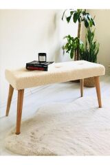 Webpanya Ahşap Ayaklı Handmade 90 Cm Geniş Oturum Alanlı Tedy Kumaş Krem Pofidik Puf Bench Koltuk