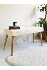 Webpanya Ahşap Ayaklı Handmade 90 Cm Geniş Oturum Alanlı Tedy Kumaş Krem Pofidik Puf Bench Koltuk