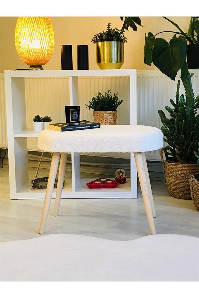 Webpanya Gürgen Retro Ahşap Ayaklı Oval Handmade Kırık Beyaz Pofidik Puf Bench Koltuk Sandalye