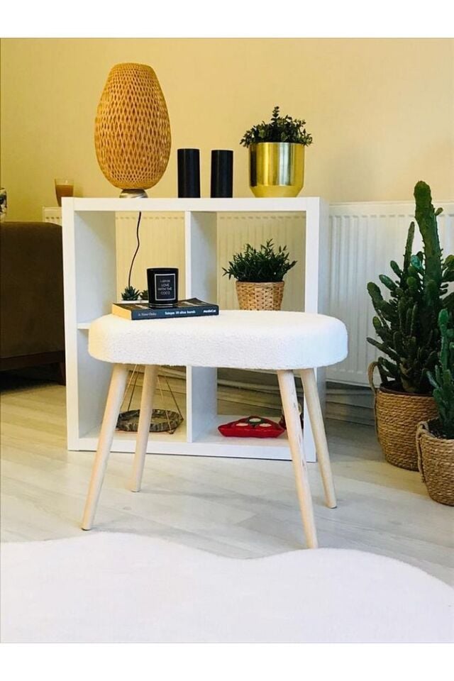 Webpanya Gürgen Retro Ahşap Ayaklı Oval Handmade Kırık Beyaz Pofidik Puf Bench Koltuk Sandalye